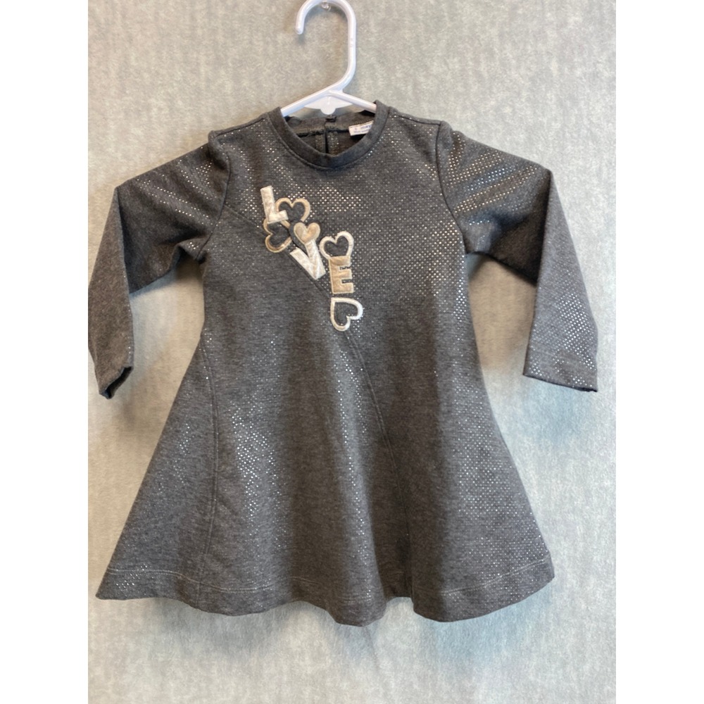 Mayoral Girls Gray Sparkle Long Sleeve Dress Size 2 EUCβ LOVE Heart Key Applique
